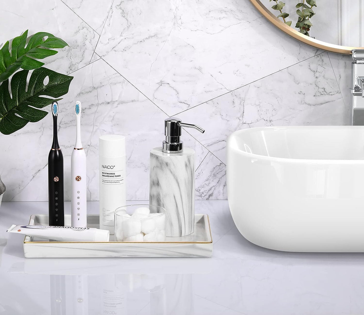 11" Marble Ceramic Bathroom Trays for Counter / Marble White + Gold / Medium