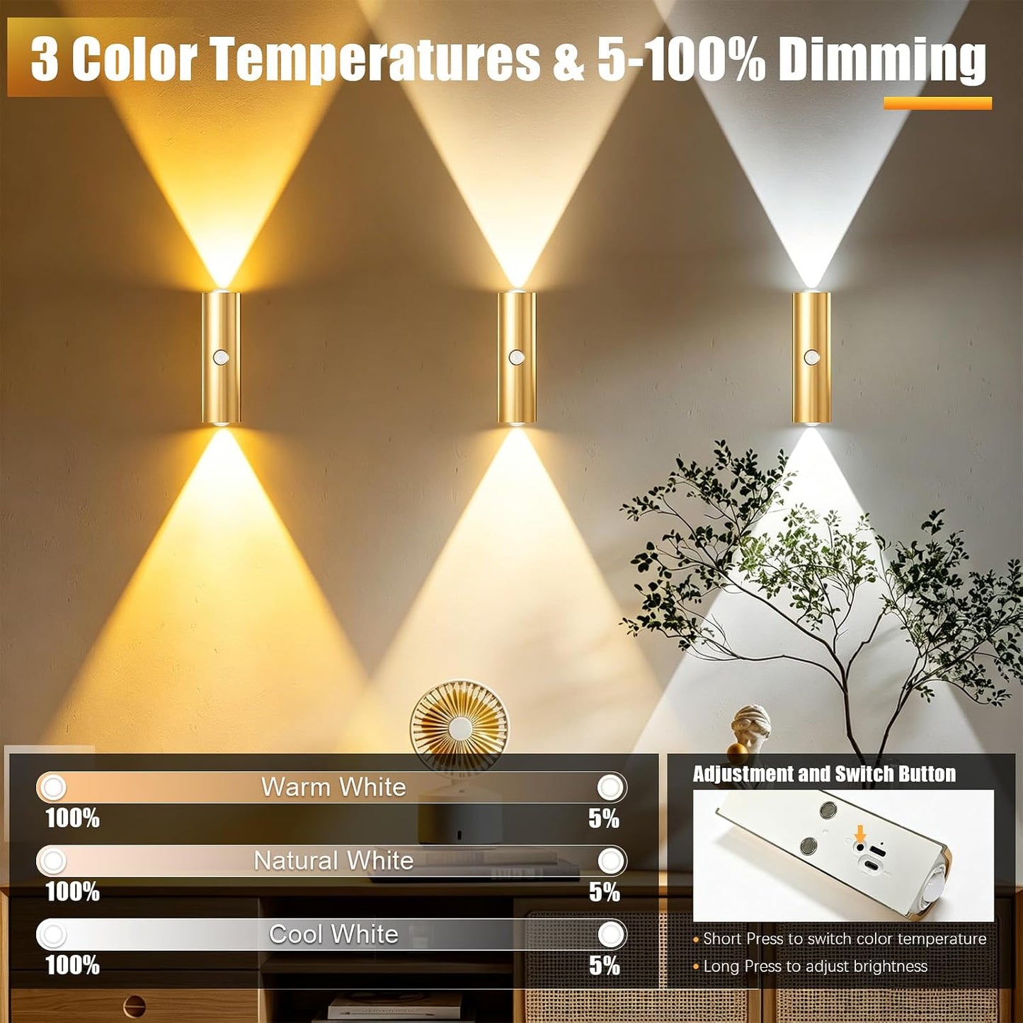 2 Pack Motion Sensor Wall Light, Rechargeable Wall Sconces | Wall Sconces Battery Operated with 3 Colors & Dimmable