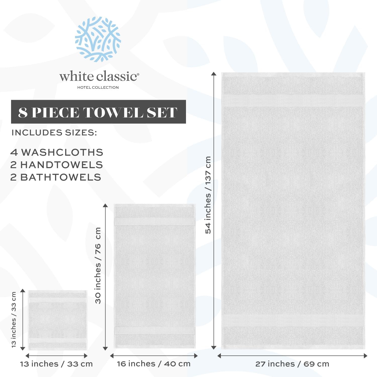 White Classic Luxury Bath Towel Set of 8 Pieces - 100% Turkish Cotton Highly Absorbent Towels for Bathroom, 2 Luxury
