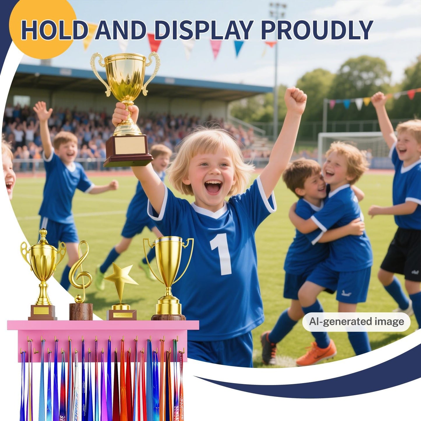 Medal Holder Display Trophy Shelf Organizer, Sturdy Wooden Race Award Hanger Rack with 25 Steel Hooks, Wall Mount