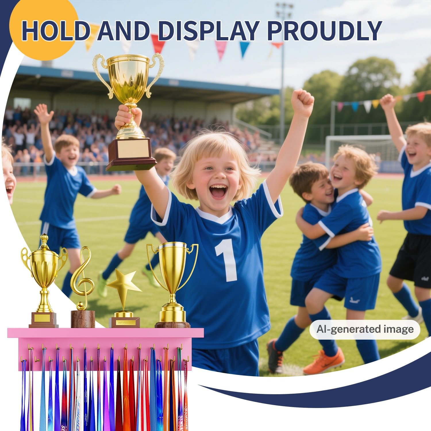 Medal Holder Display Trophy Shelf Organizer, Sturdy Wooden Race Award Hanger Rack with 25 Steel Hooks, Wall Mount