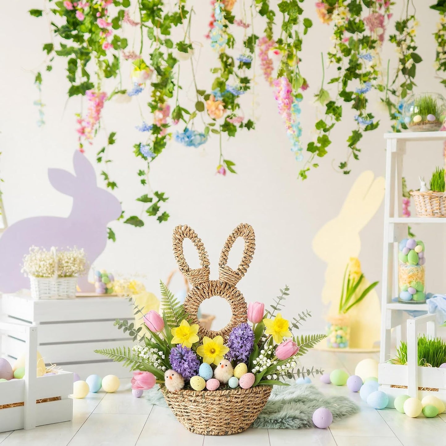 Easter Bunny Basket Easter Bunny Woven Wicker Basket Hanging Wall Rabbit Pocket / 16.1 Inch