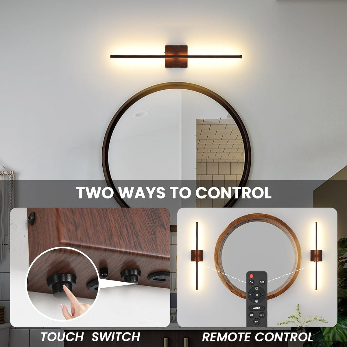 Rechargeable Battery Operated Wall Sconces, 11000mAh Faux Walnut Finish Wall Lights with Remote Control, 350°Rotate
