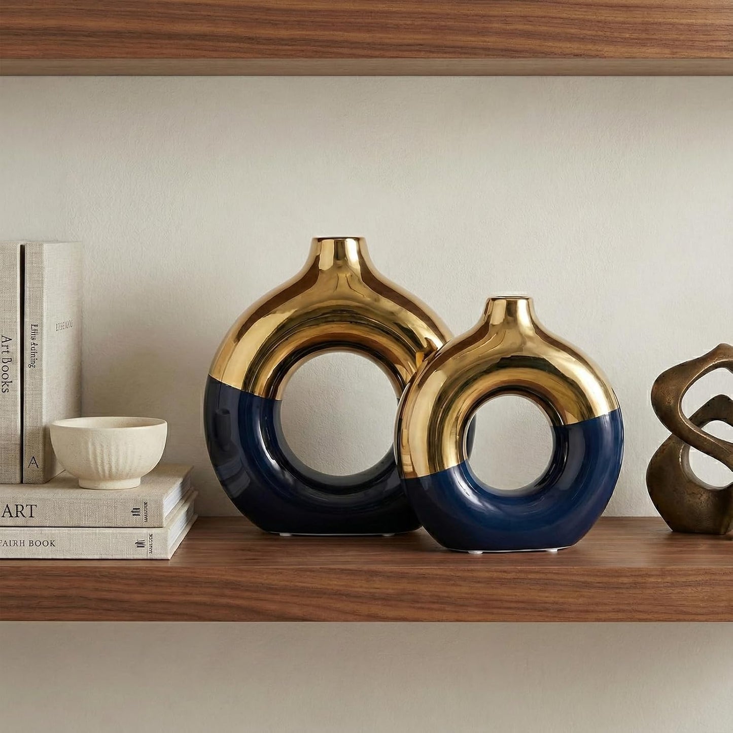 Modern Matte Ceramic Vases for Entryway Living Room / Blue and Gold / Set of 2