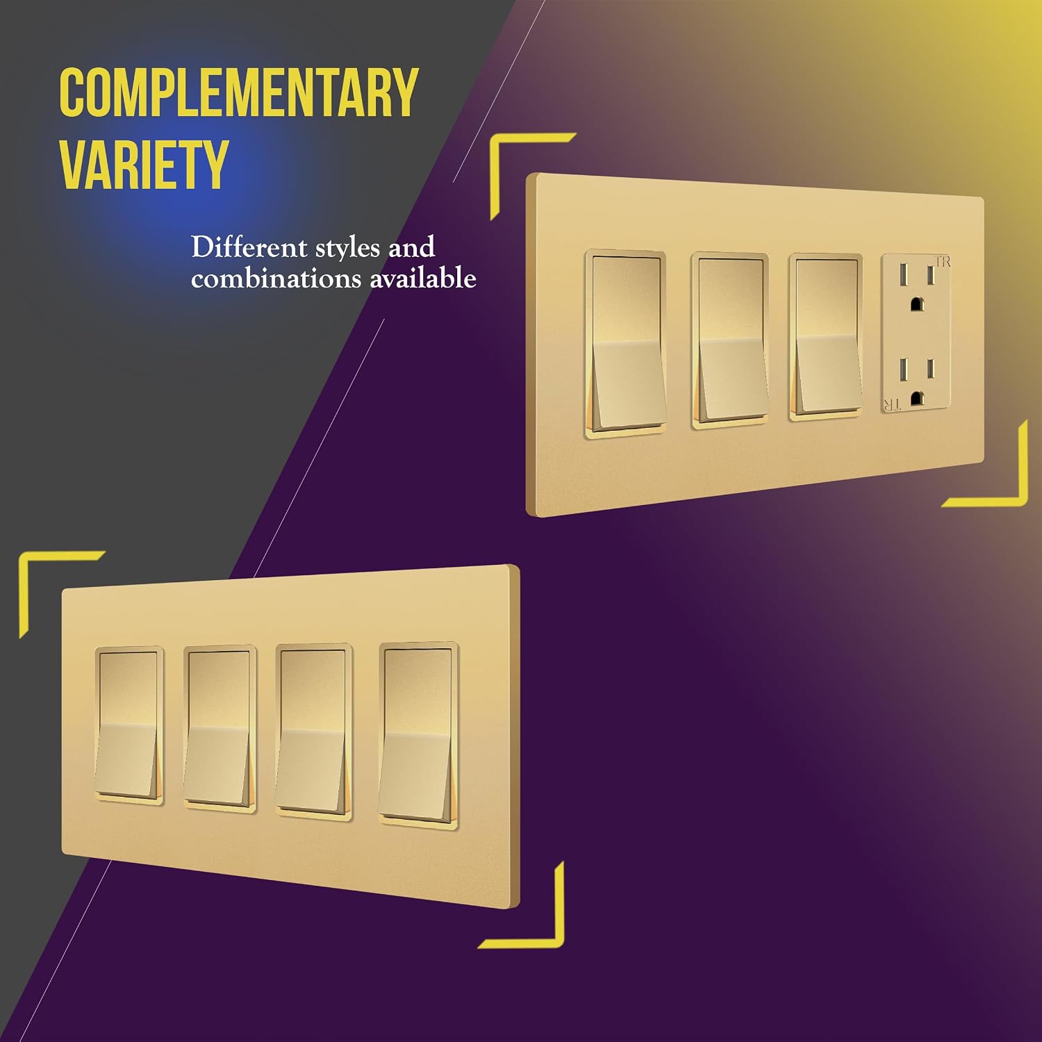 ENERLITES 4-Gang Gold Screwless Decorator Switch Outlet Wall Plate Cover | Size 4.68" x 8.30", 1 Pack Fits light