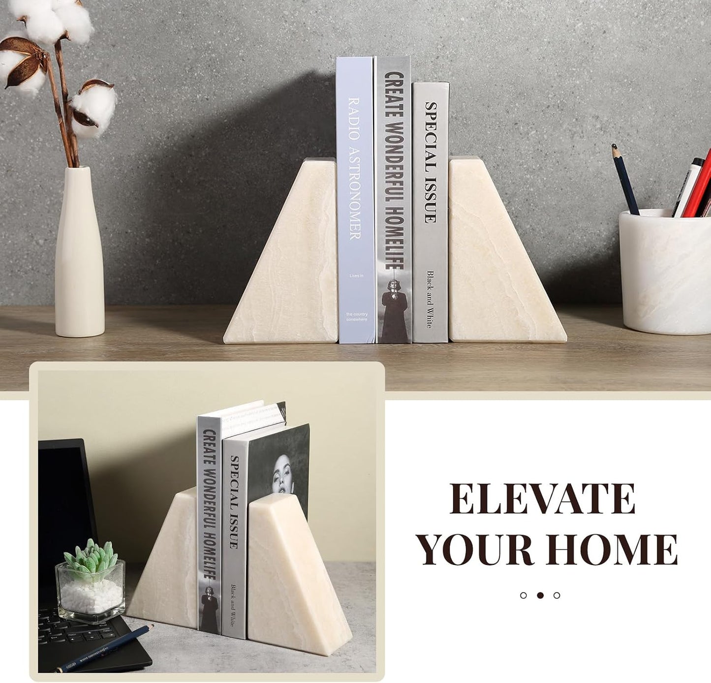 Marble Bookends / Large Bookends for Heavy Books / Trapezoid-navona