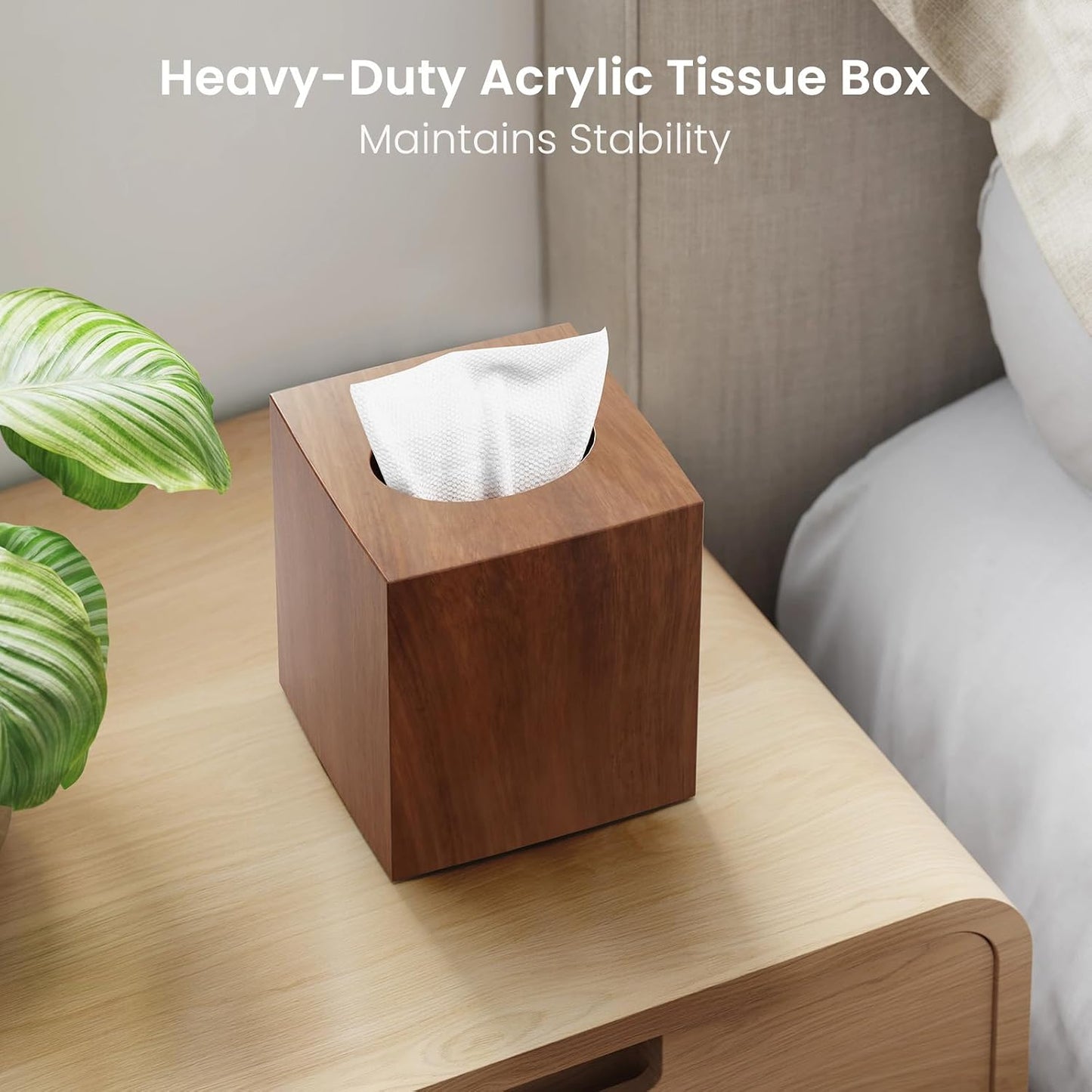 Square Facial Acrylic Tissue Holder / with 2 Qtip Holder Dispenser / Wood Grain / Clear / Set of 2