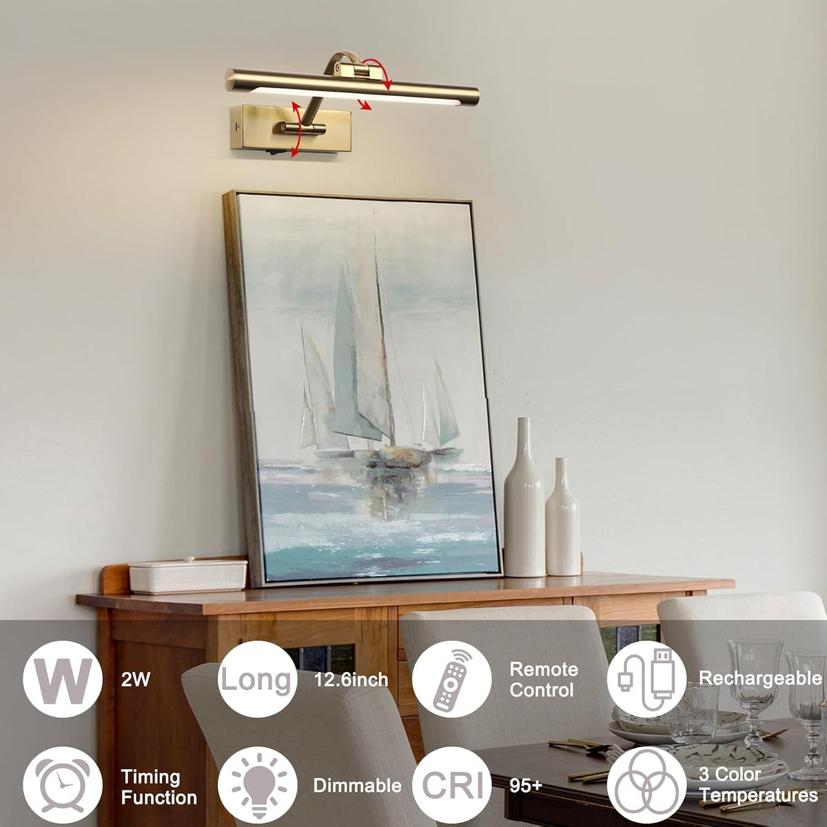 12.6 inch LED Wireless Picture Lights for Wall Rechargeable, Battery Operated Art Light for Paintings, 3CCT Dimmable