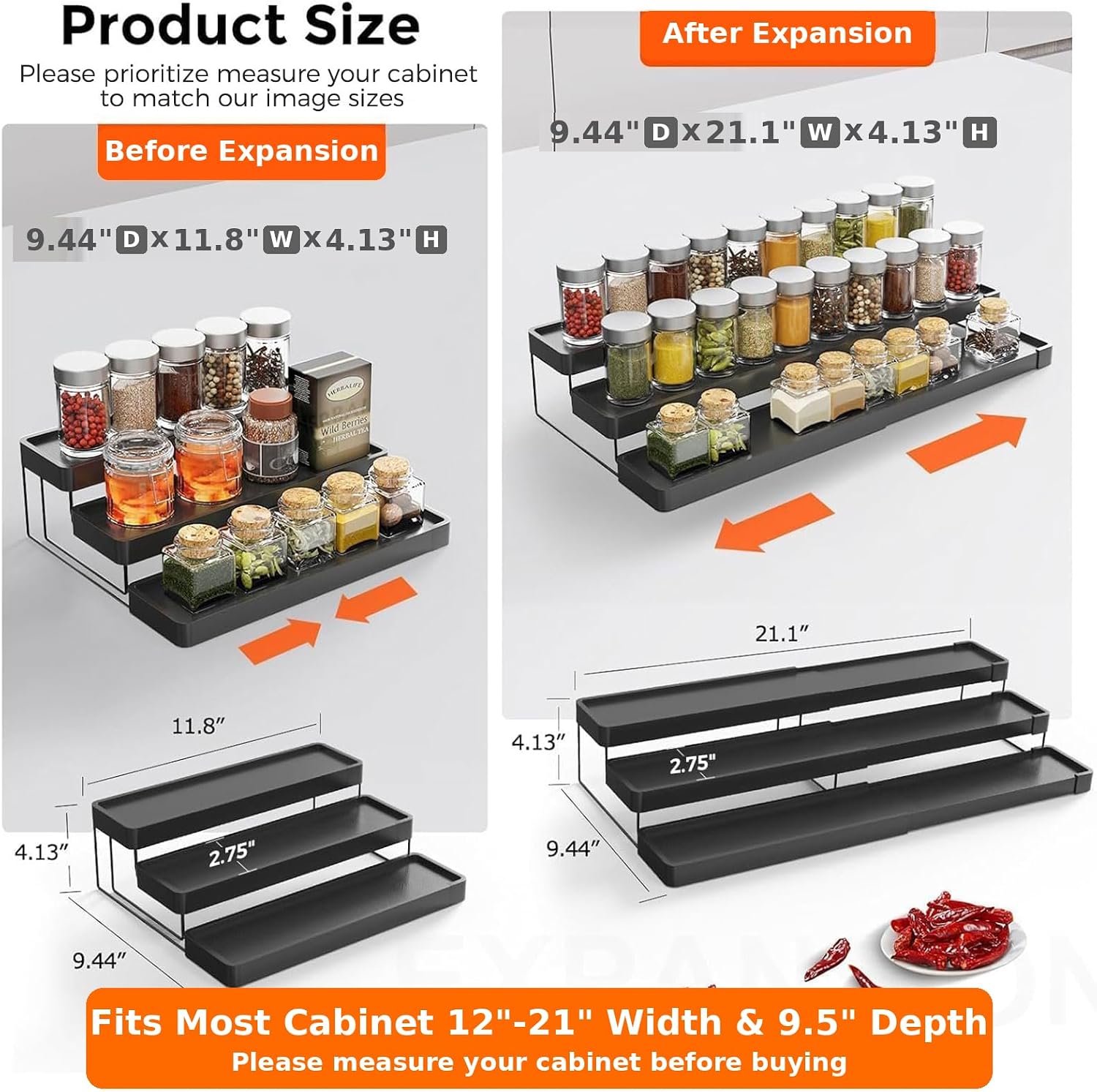 2 Pack Expandable Spice Rack Organizer for Cabinet - 3 Tier Adjustable Cabinet Spice Organizer Easy Visibility - Spice
