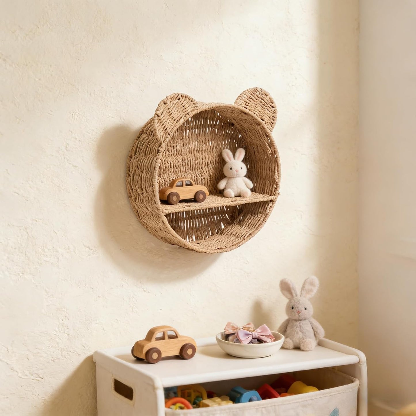 Woven Wall Basket Shelf Bear Nursery Decor / Khaki