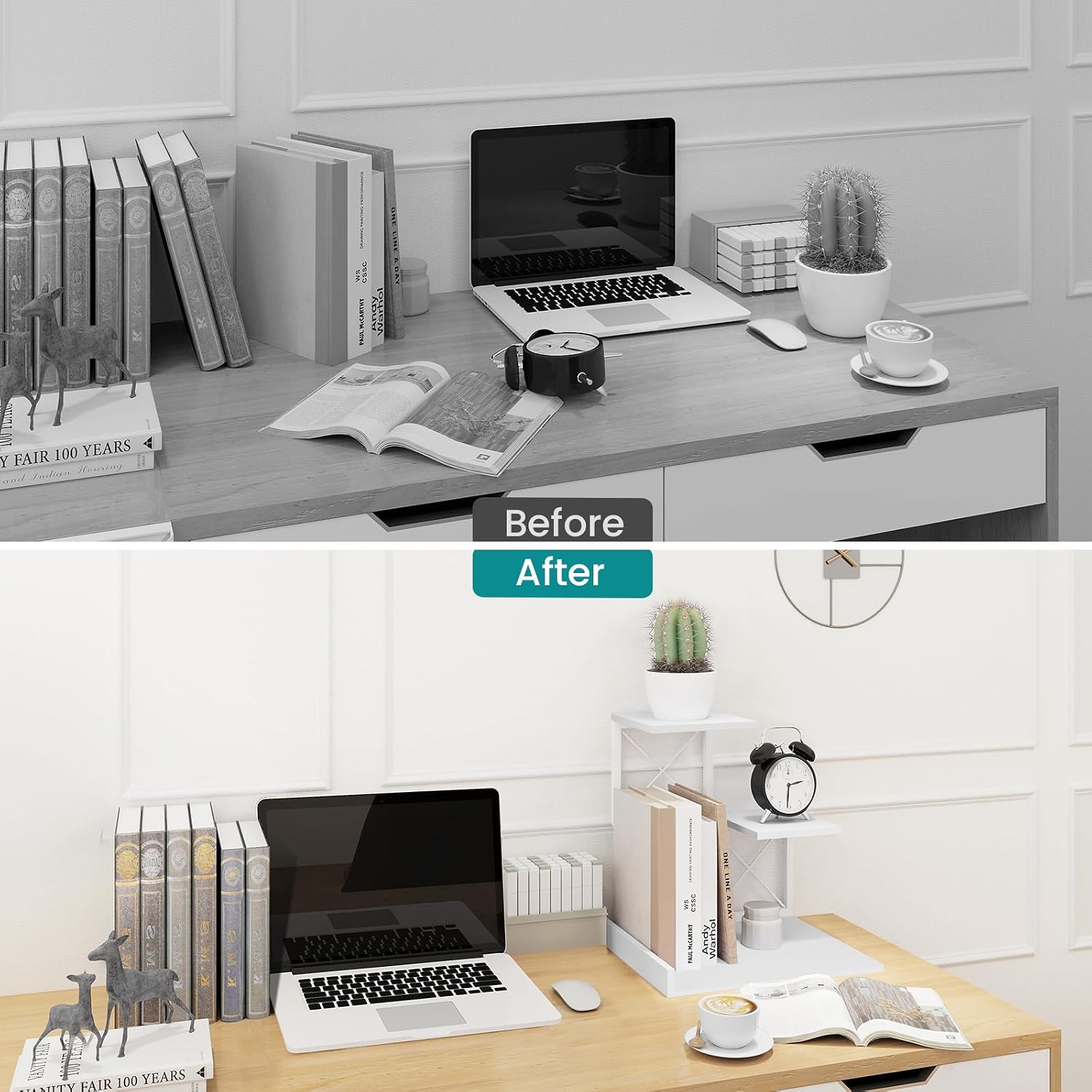 Wood Small Bookshelf Desktop Shelves and Organizer / White