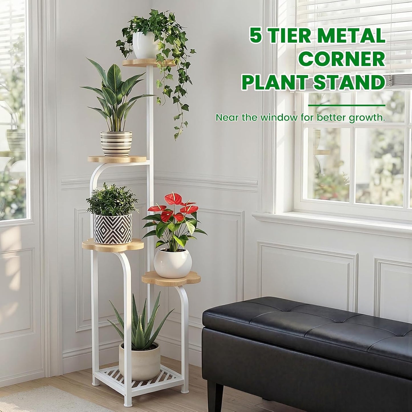 TOSKING Tall 5-Tier Corner Plant Stand Indoor, Anti-Tip, Oak & White,47in | Plywood trays,wide base and heavy-duty