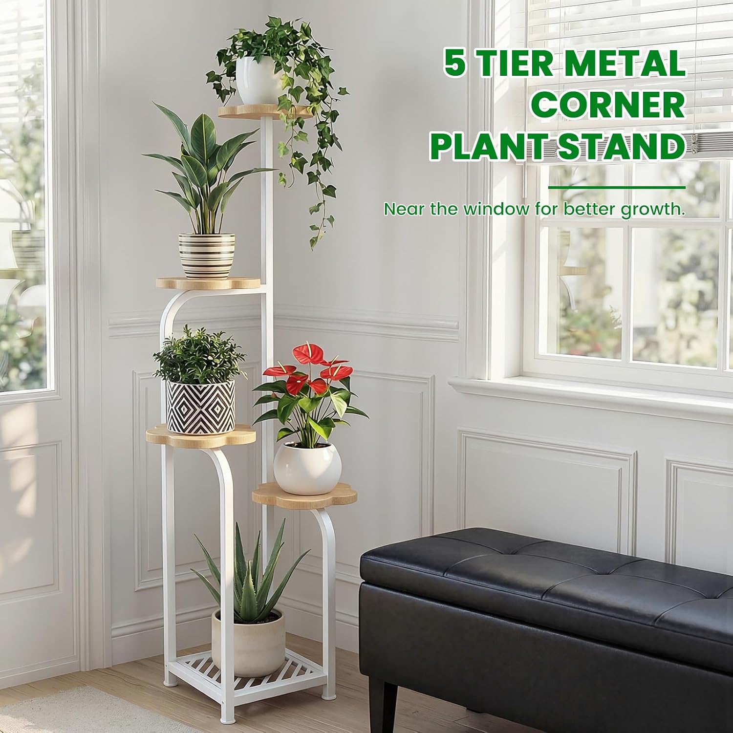TOSKING Tall 5-Tier Corner Plant Stand Indoor, Anti-Tip, Oak & White,47in | Plywood trays,wide base and heavy-duty