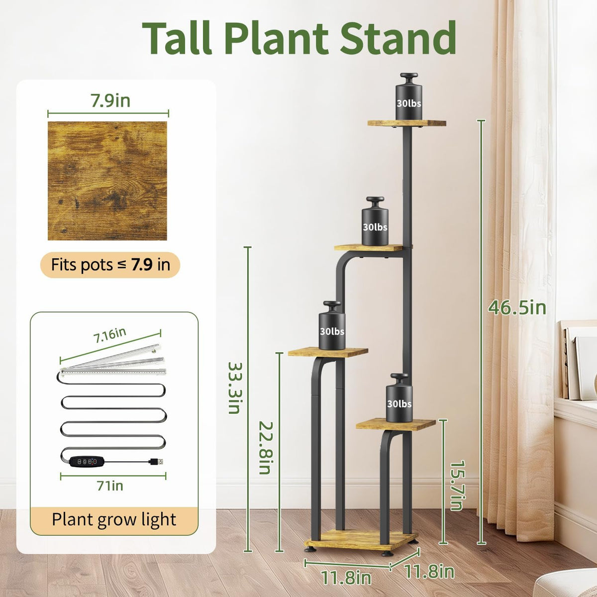 LASZOLA Plant Stand Shelf Tall for Indoor Corner with Lights, 5 Tier Brown | Modern Multiple Flower Display Rack with