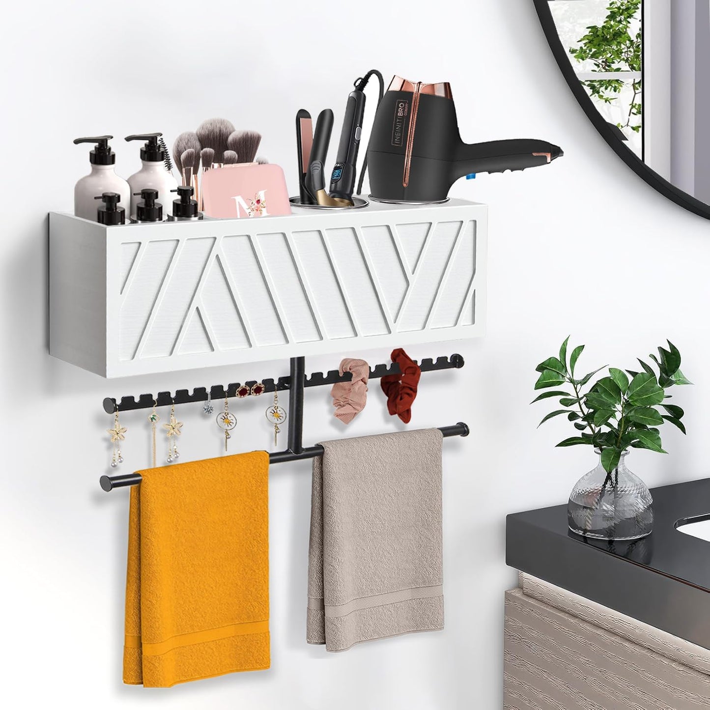 Rustic Hair Dryer Holder Wall Mounted,Hair Styling Tools & Accessories Organizer,Bathroom Supplies & hot Tools vanities