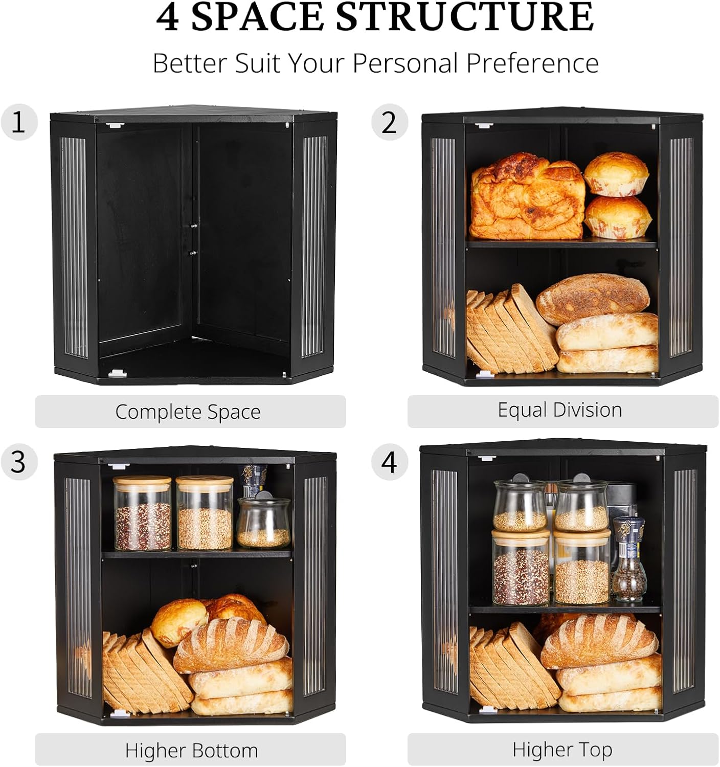 BRONYPRO Corner Bread Box for Kitchen Countertop, Double Layer Bamboo Breadbox with Adjustable Partition, Modern Bread
