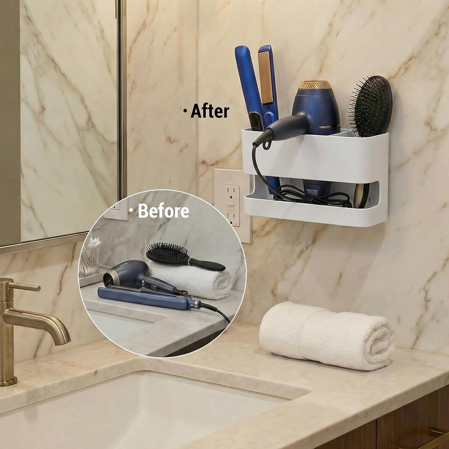 MyGift Wall Mounted Hair Tool Organizer with 3 Slots, White Metal | Bathroom & Salon Storage Rack for Blow Dryer