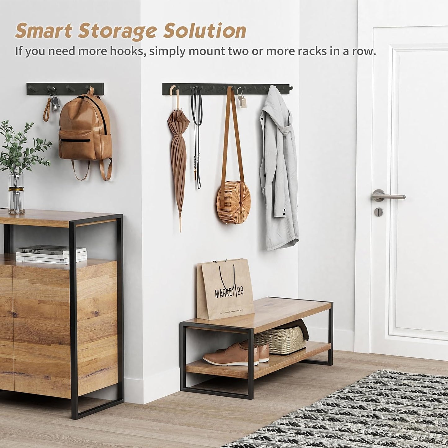 Forbena Black Coat Rack Wall Mount 4-Pack, Rustic Farmhouse Coat Hooks for Wall, Vertical Hanging Hat Rack for Office