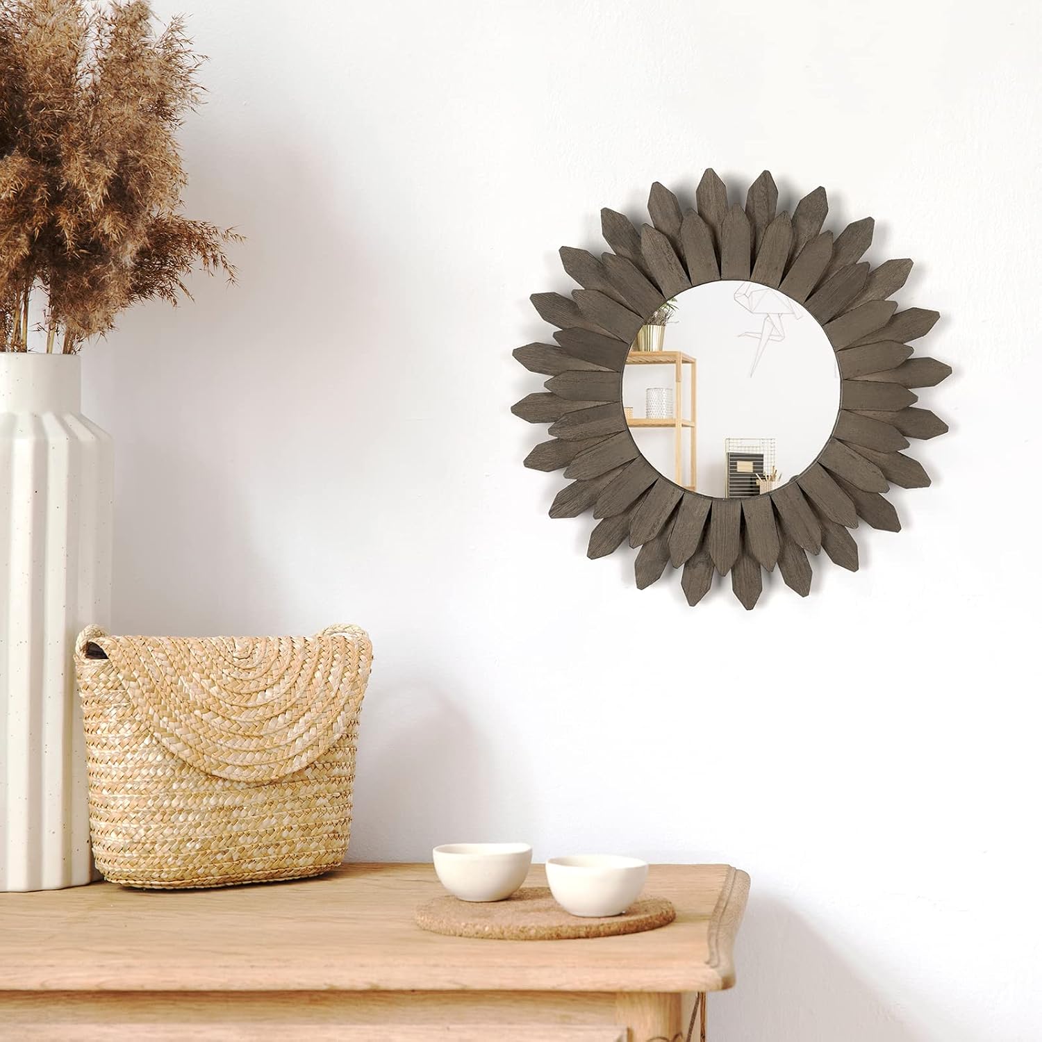 Farmhouse Wall Decor Mirror Sunburst Boho Wood Mirror Rustic Home Decor / Weathered Grey / 12 Inch
