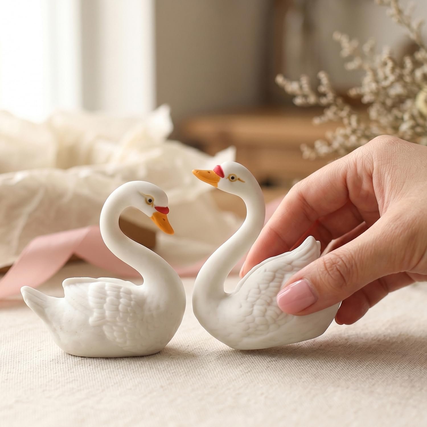 Ceramic Swan Figurine / 2.7 Inche Tall / White