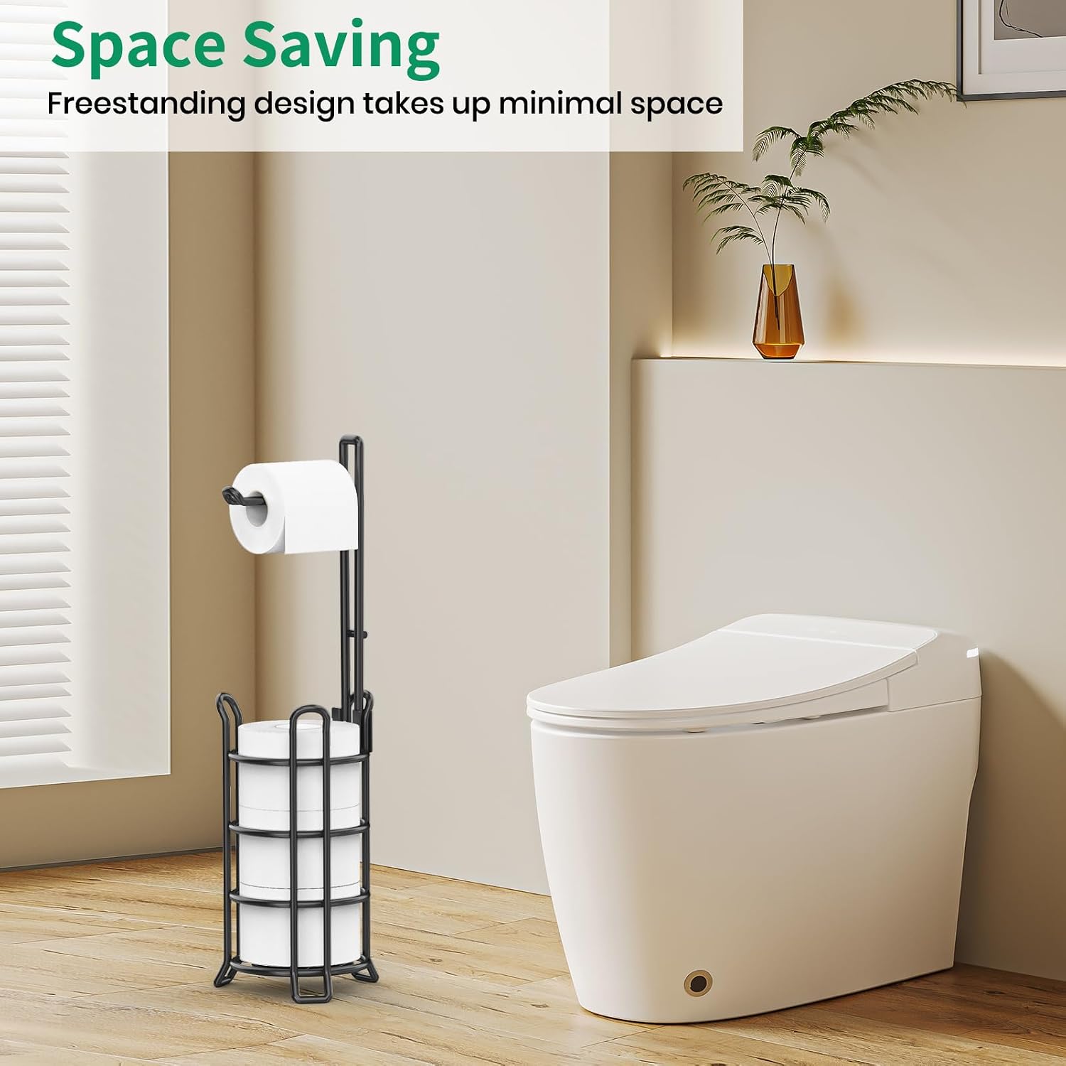 TomCare Toilet Paper Holder Stand Free Standing, Holds 4 Mega Rolls, Black | Tool-Free Assembly, Detachable Metal Wire