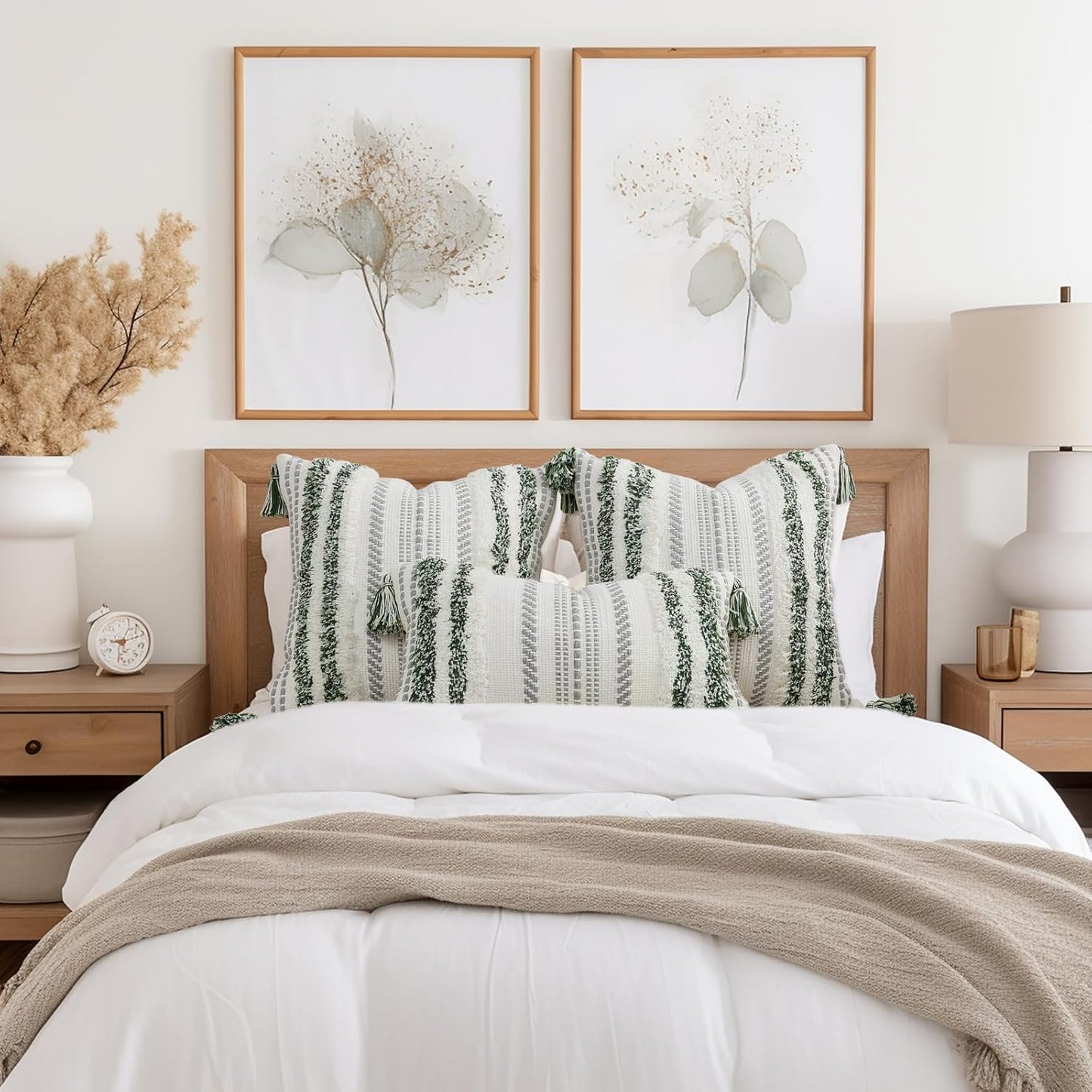 Summer Decorative Boho Throw Pillow Cover / 18 x 18 / Green and Cream White