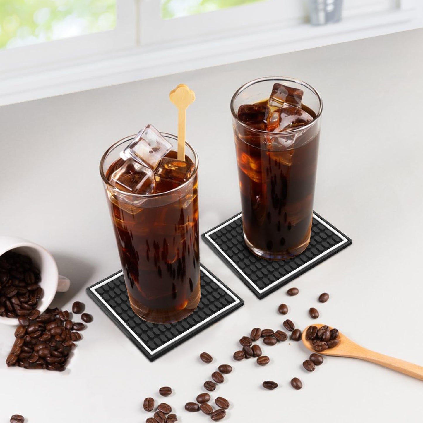 Holder / Black Rubber Coasters / 4 x 4 / Inch Square Black / Set of 24