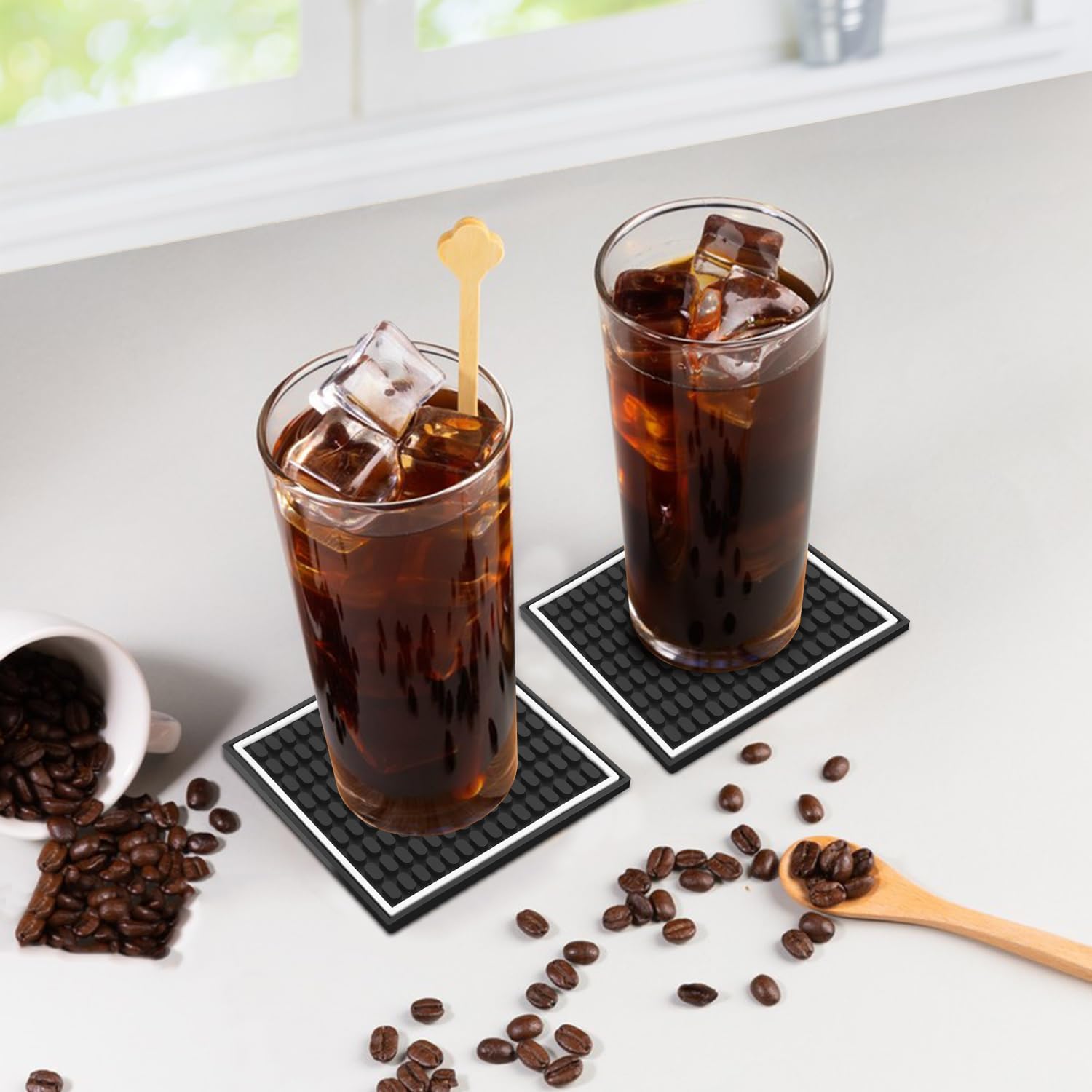 Holder / Black Rubber Coasters / 4 x 4 / Inch Square Black / Set of 24
