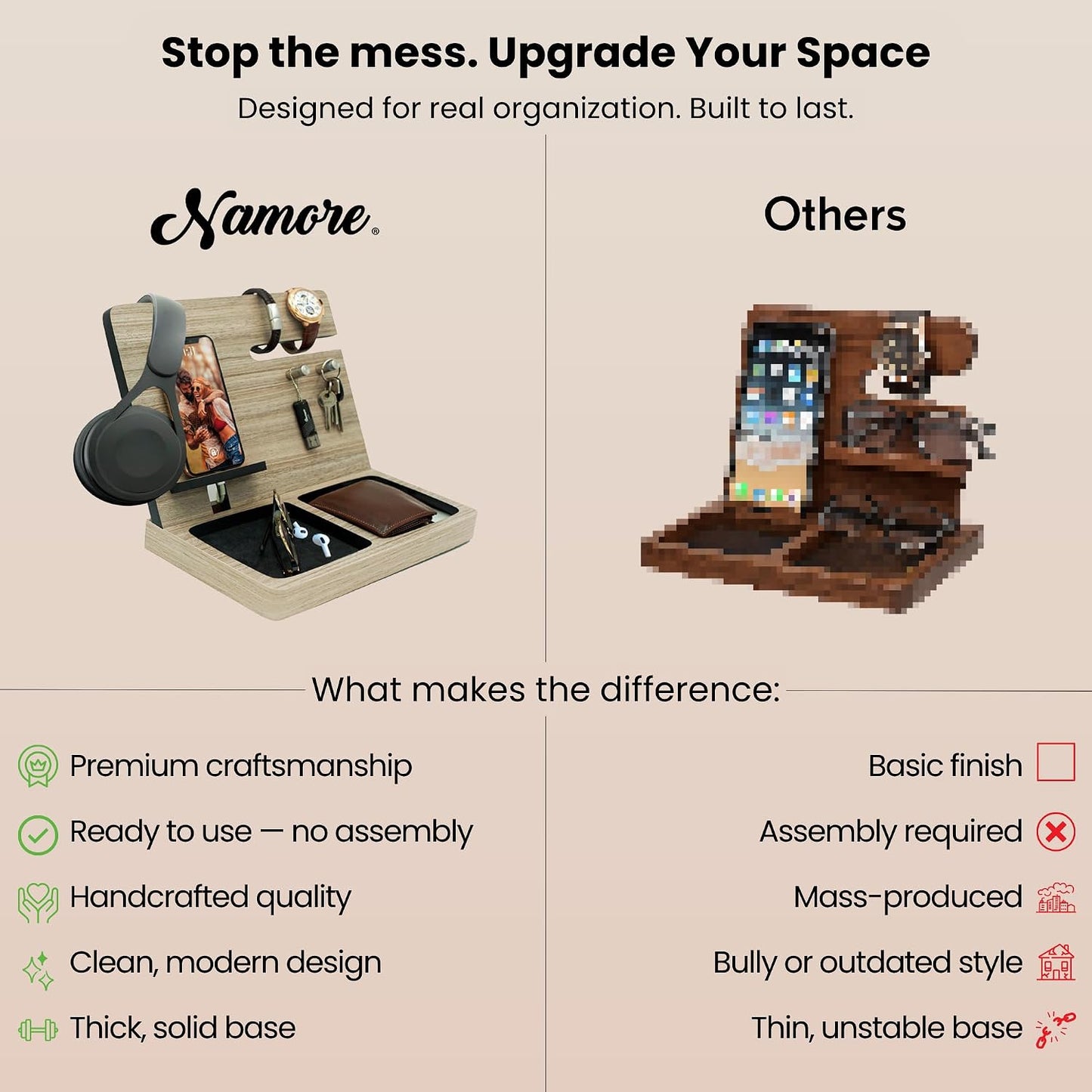 Namore Nightstand Organizer for Men – Wood Phone Docking Station & Bedside Valet Tray Organizer for Wallet, Watch &