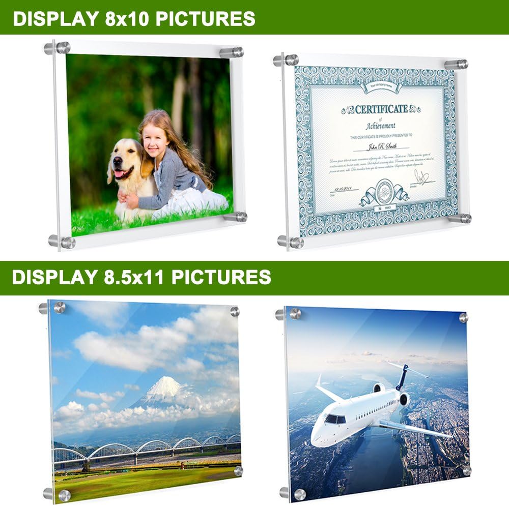 Meetu 8.5x11 Acrylic Picture Frames (4 Pack) -Inner 8x10 Wall Mount Photo Frame Frameless Clear Floating Frame for
