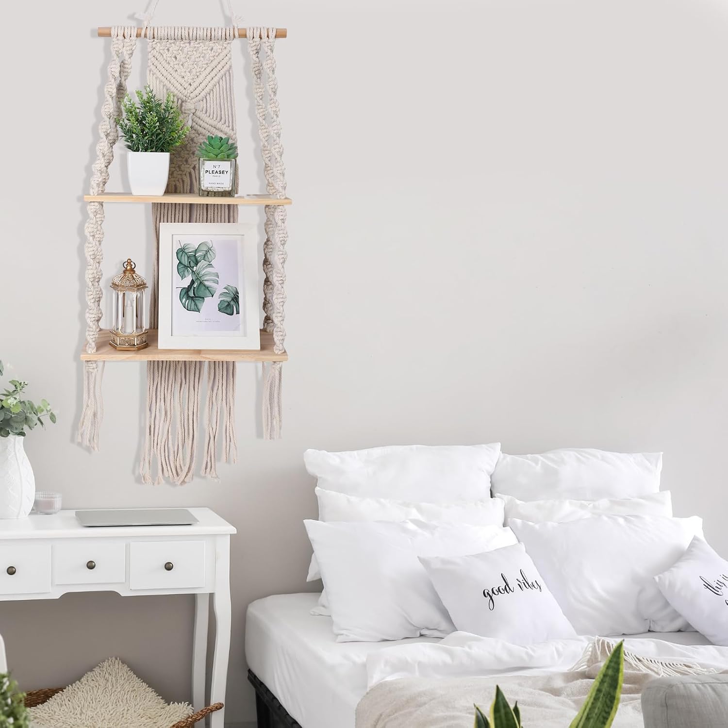 Macrame Wall Hanging Shelf 2 Tier Handmade Boho Hanging Wall Shelf Floating Woven Rope / Classic