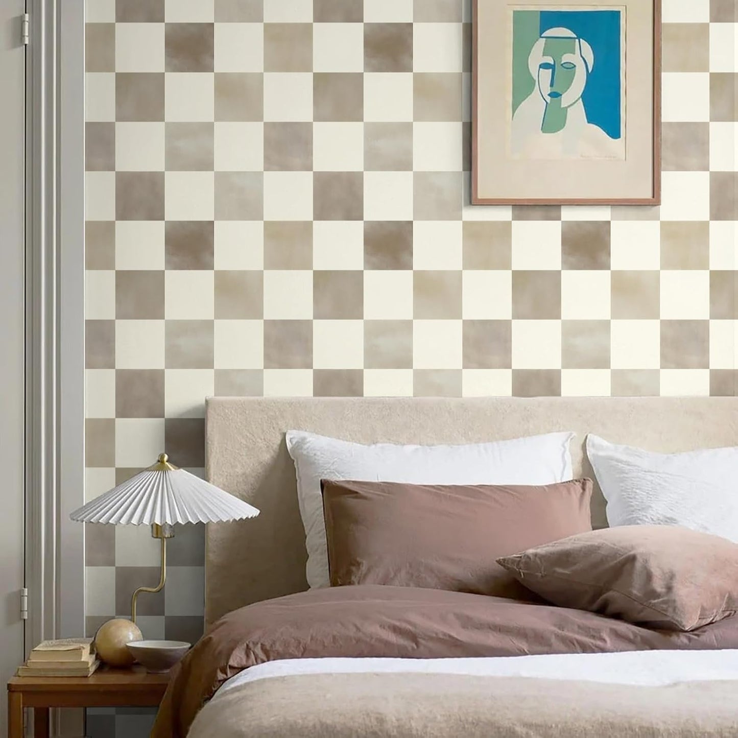 Checkered Wallpaper Peel and Stick Neutral Mosaic Checkered Contact / 17.3 x 236 / Brown and Beige