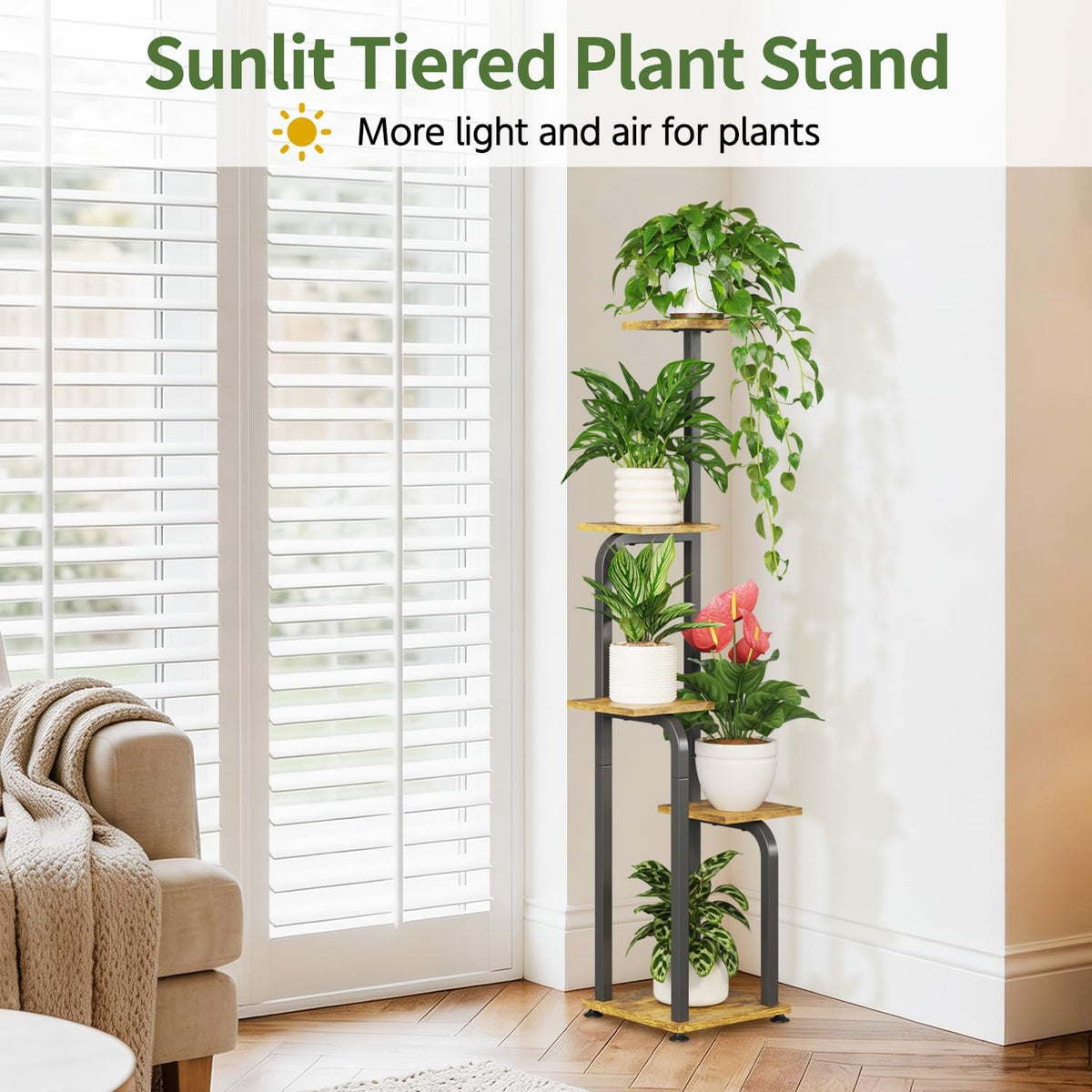 LASZOLA Plant Stand Shelf Tall for Indoor Corner Flower Rack, 5 Tier Brown | Modern Multiple Display with Wooden Tray