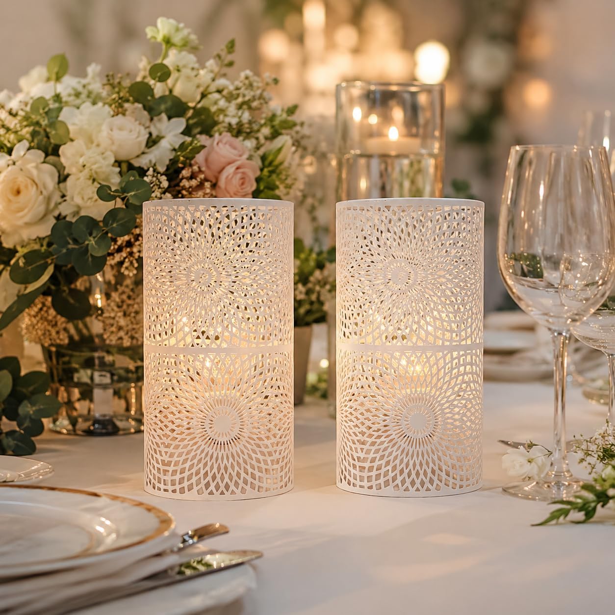 JHY DESIGN Set of 2 White Table Metal lamp Battery Powered Cordless Accent Light with Edison Style Bulb battery