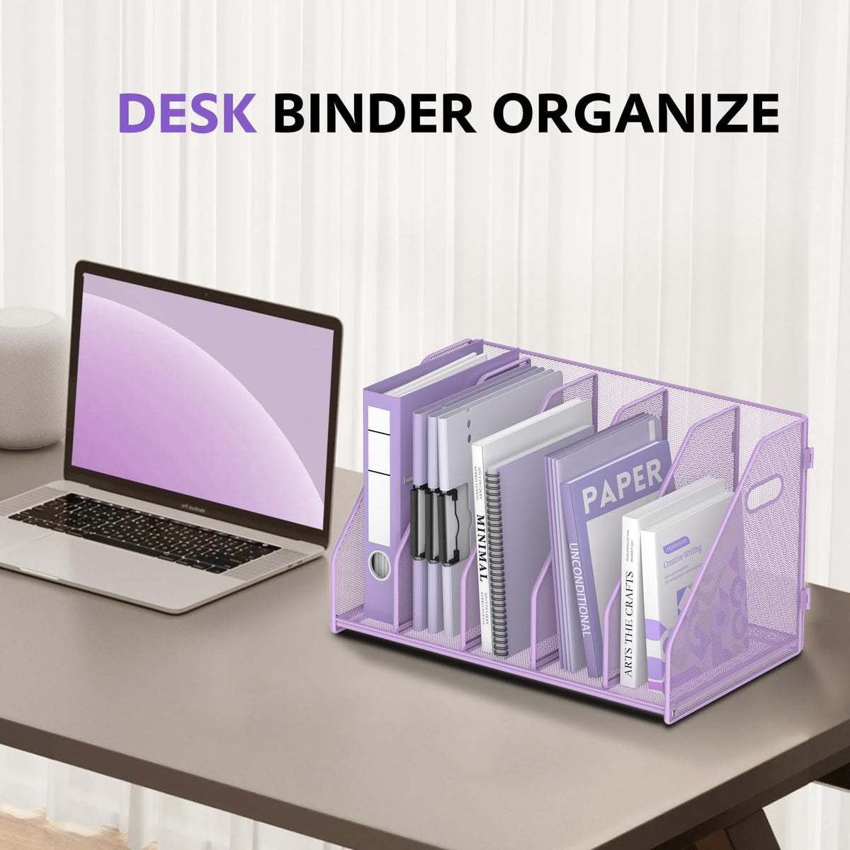 Binder Organizer, Magazine File Holder with 5 Vertical Rack, Purple | Metal Desk File Organizer & Binder Holders