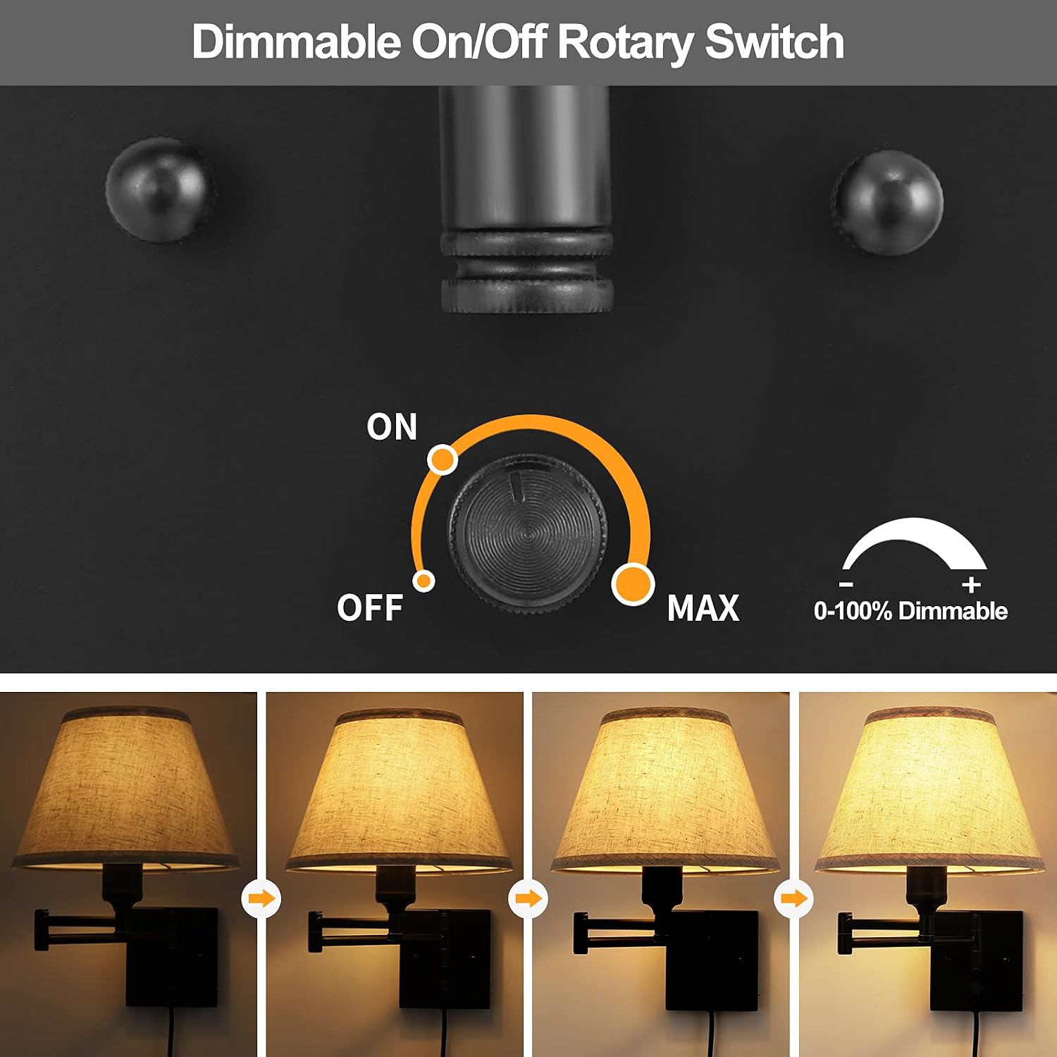 TRLIFE Wall Sconce Plug in, Dimmable Wall Sconces Set of Two Swing Arm Wall Lights with Plug in Cord and On/Off Dimmer