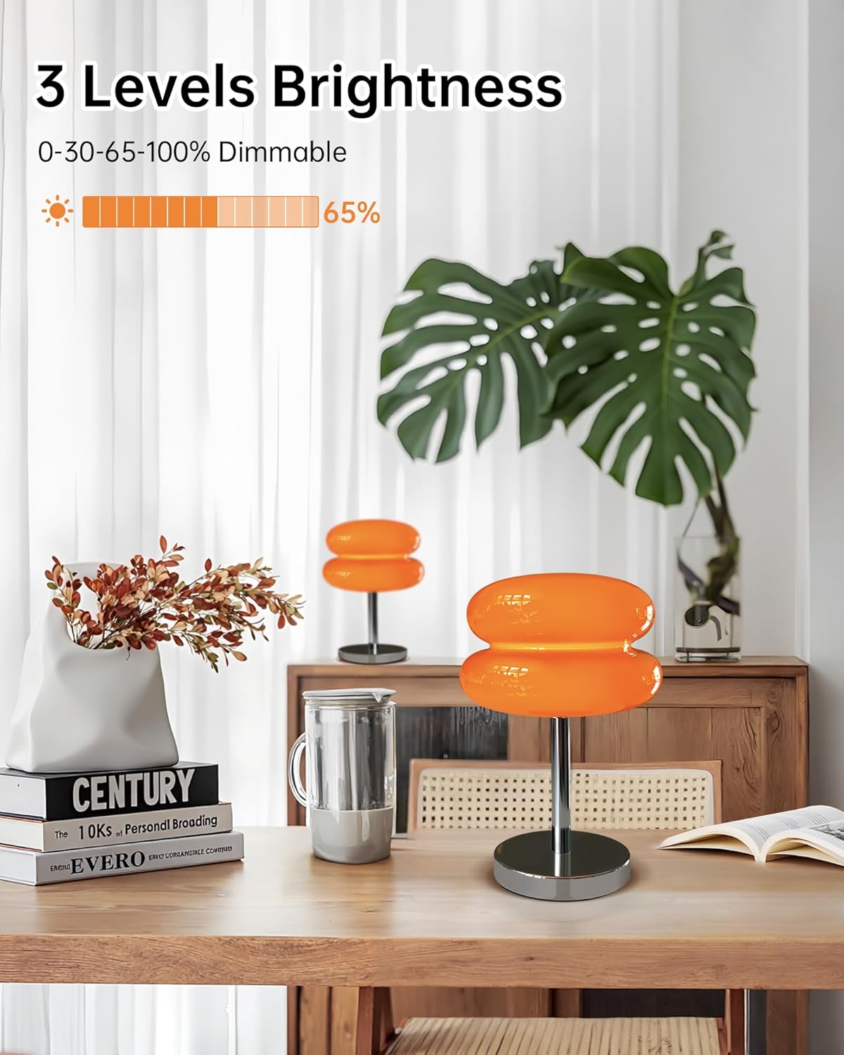 Cordless Orange Mushroom Lamp, Mid Century Modern Glass Lamp 6000mAh Rechargeable Small Table Lamps, Cute Cool Desk