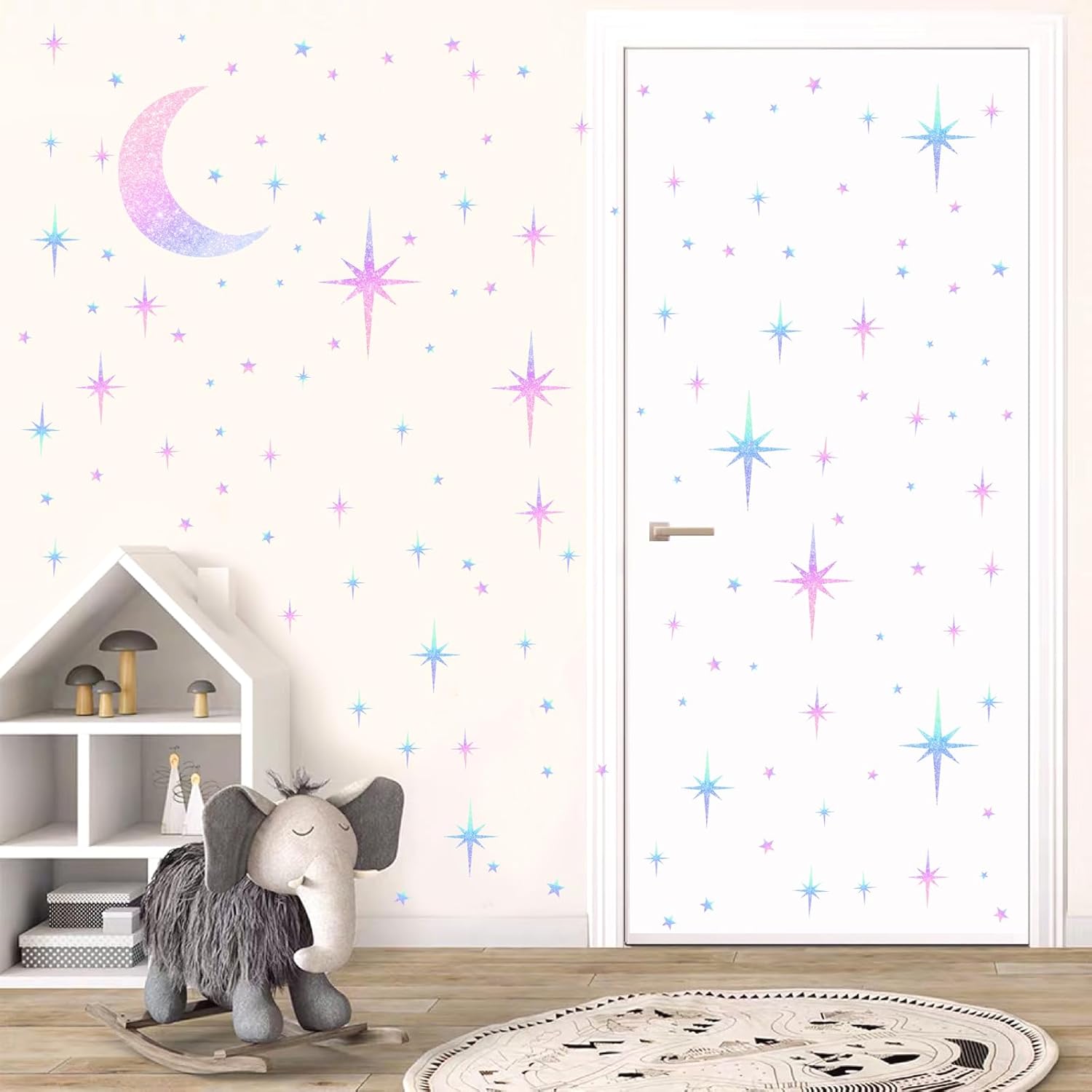 Retro Star Wall Decals Sparkle Wall Decal Peel and Stick Rainbow Star Moon Stickers / Colorful Satr