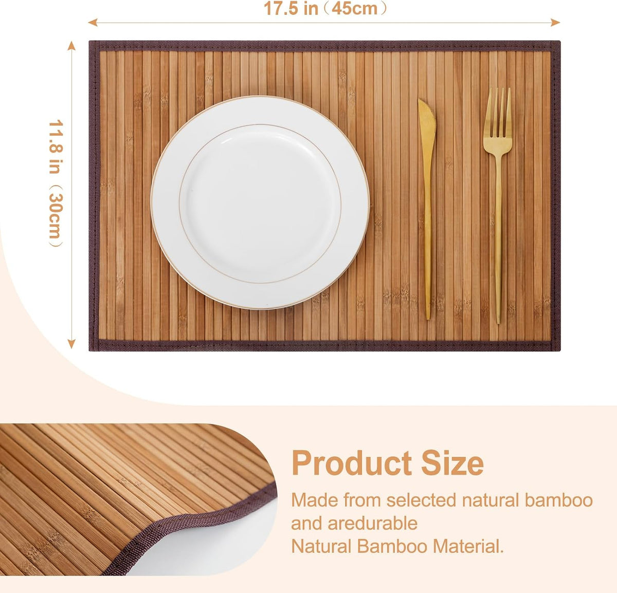 Bamboo Placemats Set of 8 with Fabric Border, Table Mats, Camel | 18" x 12", Natural Bamboo Rectangular Place Mat, for