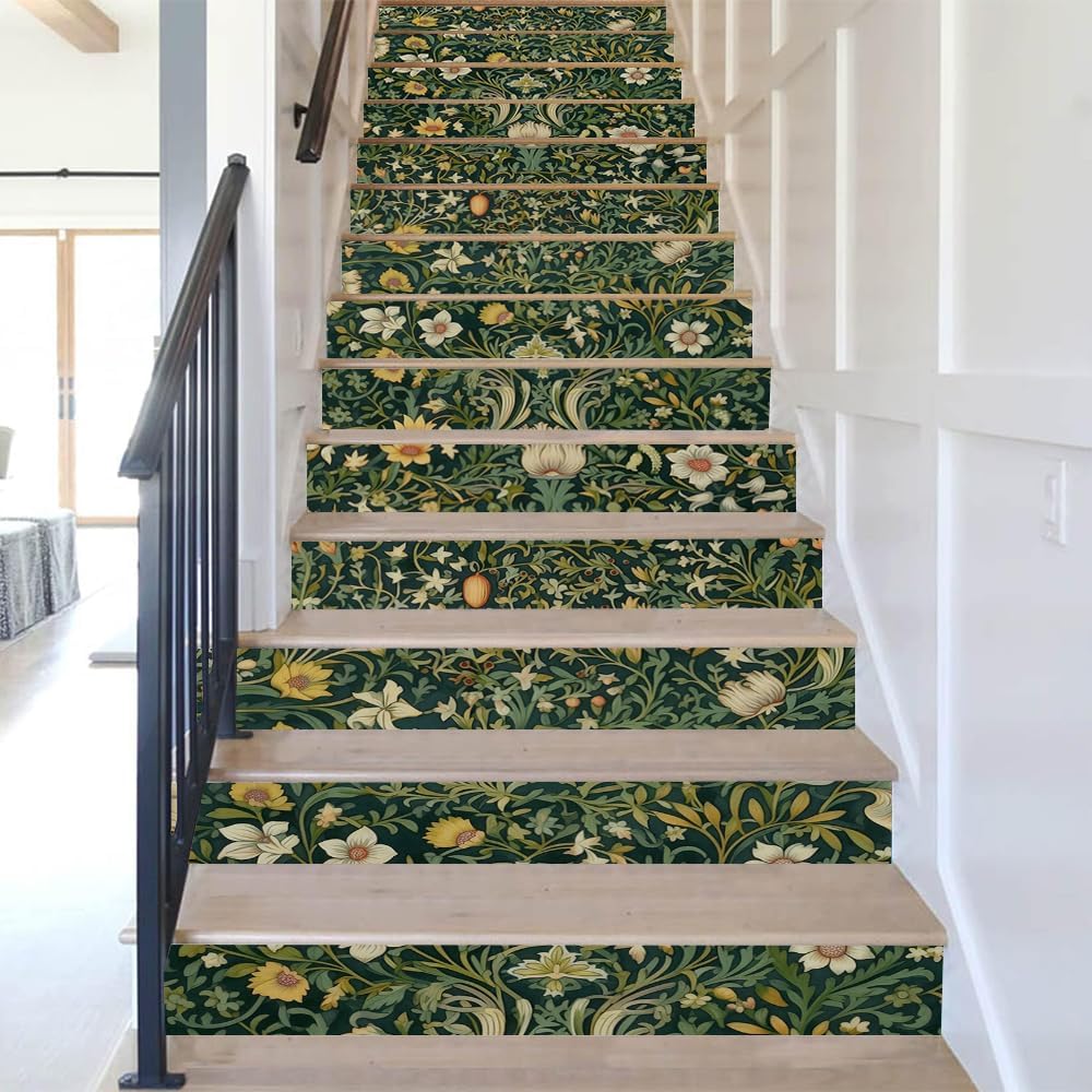 William Morrise Leaf Vine White Flowers Damask Vintage Peel and Stick Vinyl Stair / Stad-043 / Green
