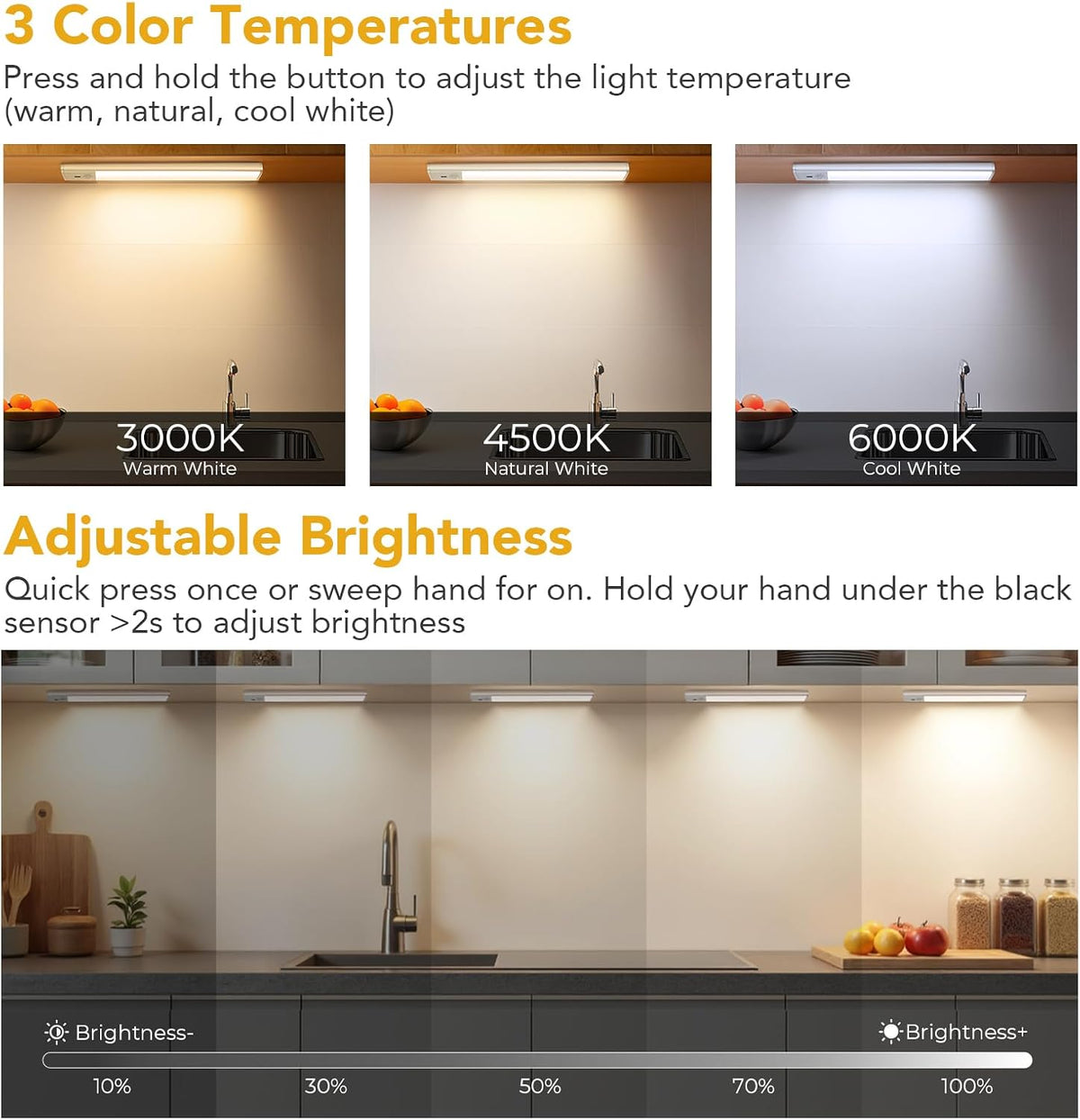Rechargeable Under Cabinet Lights, 11.8 Inch Motion Sensor LED Light Bars with Hand Wave Control, Dimmable 3 Color