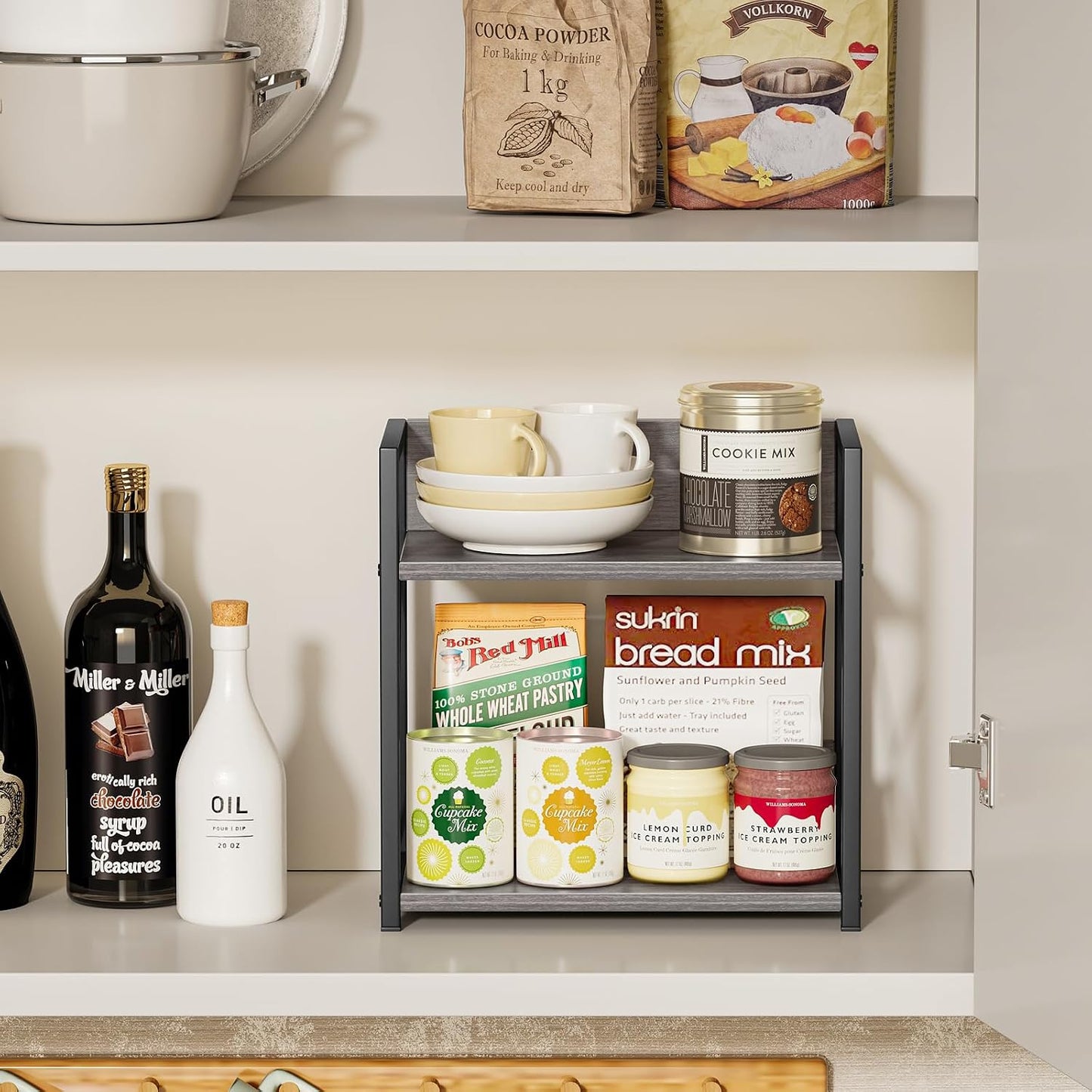 Giikin Countertop Shelf Organizer, 2 Tier Coffee Organizer for Desktop, Grey Counter Shelf Spice Rack for Kitchen