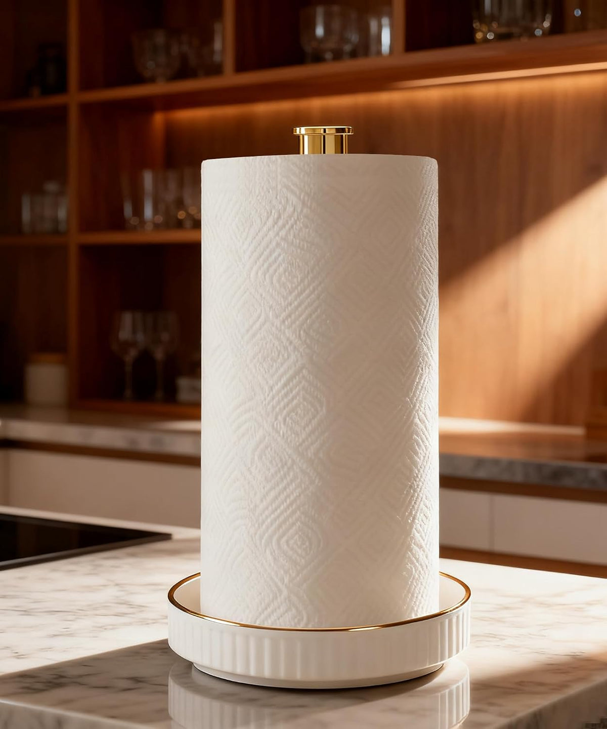 Paper Towel Holder, Ceramic Heavy Plate Base Wobble-Free, Roll Stand-Gold | Effortless Cleaning and Easy to Assemble