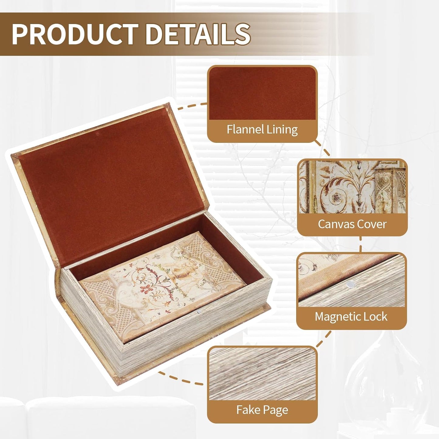Magnetic Lock Faux Wooden Storage Book Box / Vintage Pattern / Set of 2