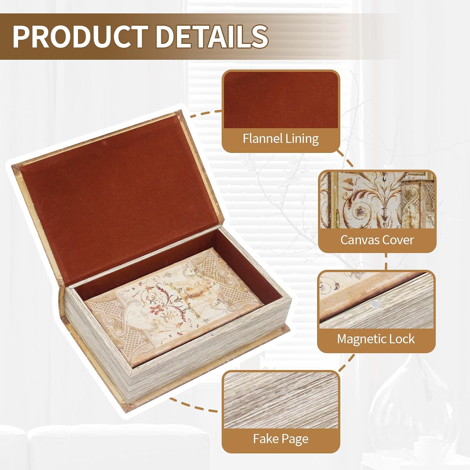 Magnetic Lock Faux Wooden Storage Book Box / Vintage Pattern / Set of 2