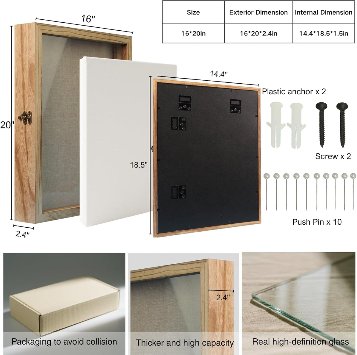 16x20 Nature Wood Shadow Box Frame, 1.57" Deep Glass Door with Lock | Solid Hardwood, Front Glass Door & Lock, Linen