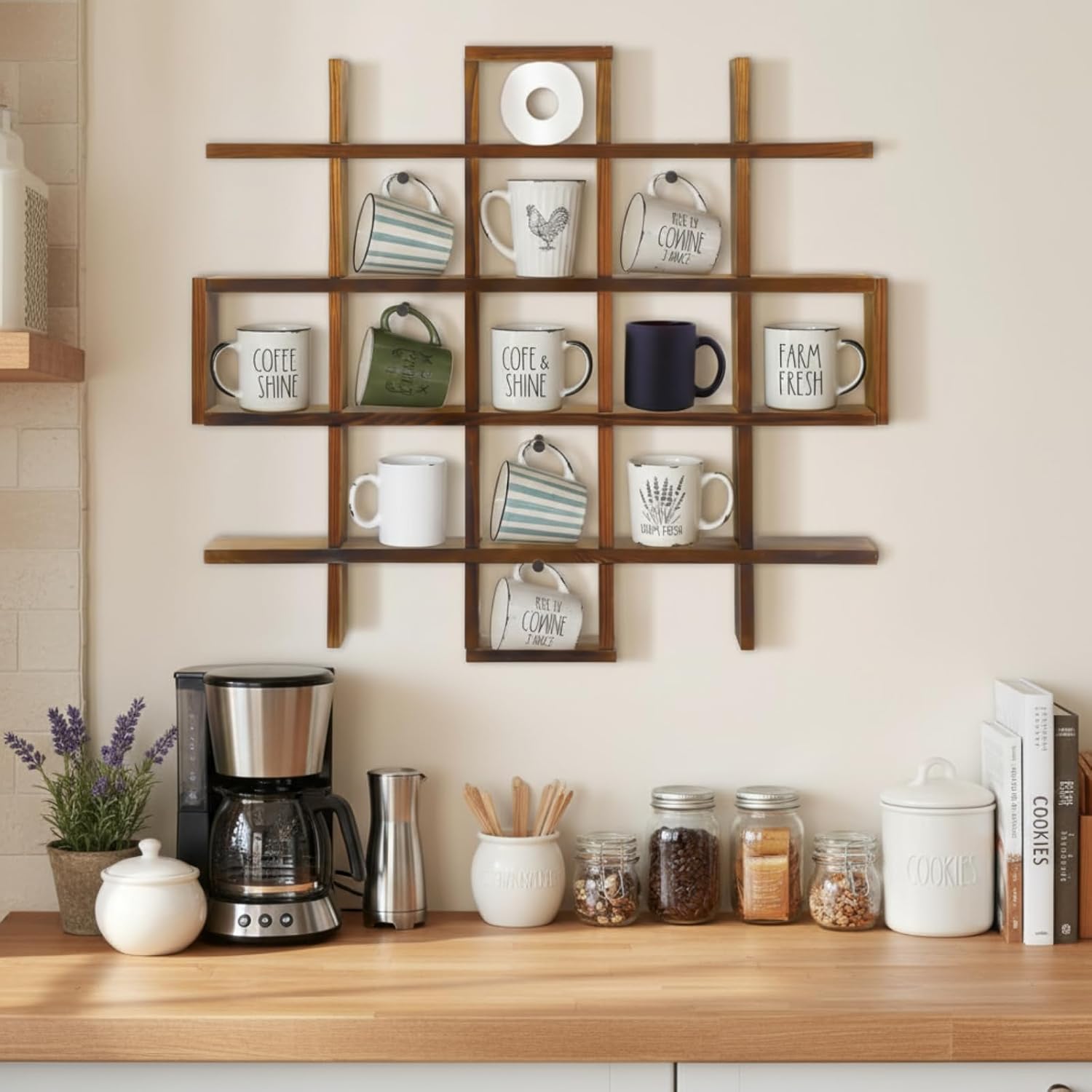 Suzile Mug Display Shelf Wall Mounted,Grid Size 5.1x5.1x3in,Rustic Brown | Rustic Wood Floating Shadow Box for Coffee