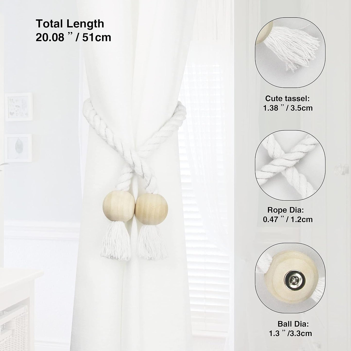 Magnetic Curtain Tiebacks Decorative Tie Back Drapes Holdbacks Nieffeiy | 6 Pack White Cotton Hand Woven Rope Curtain