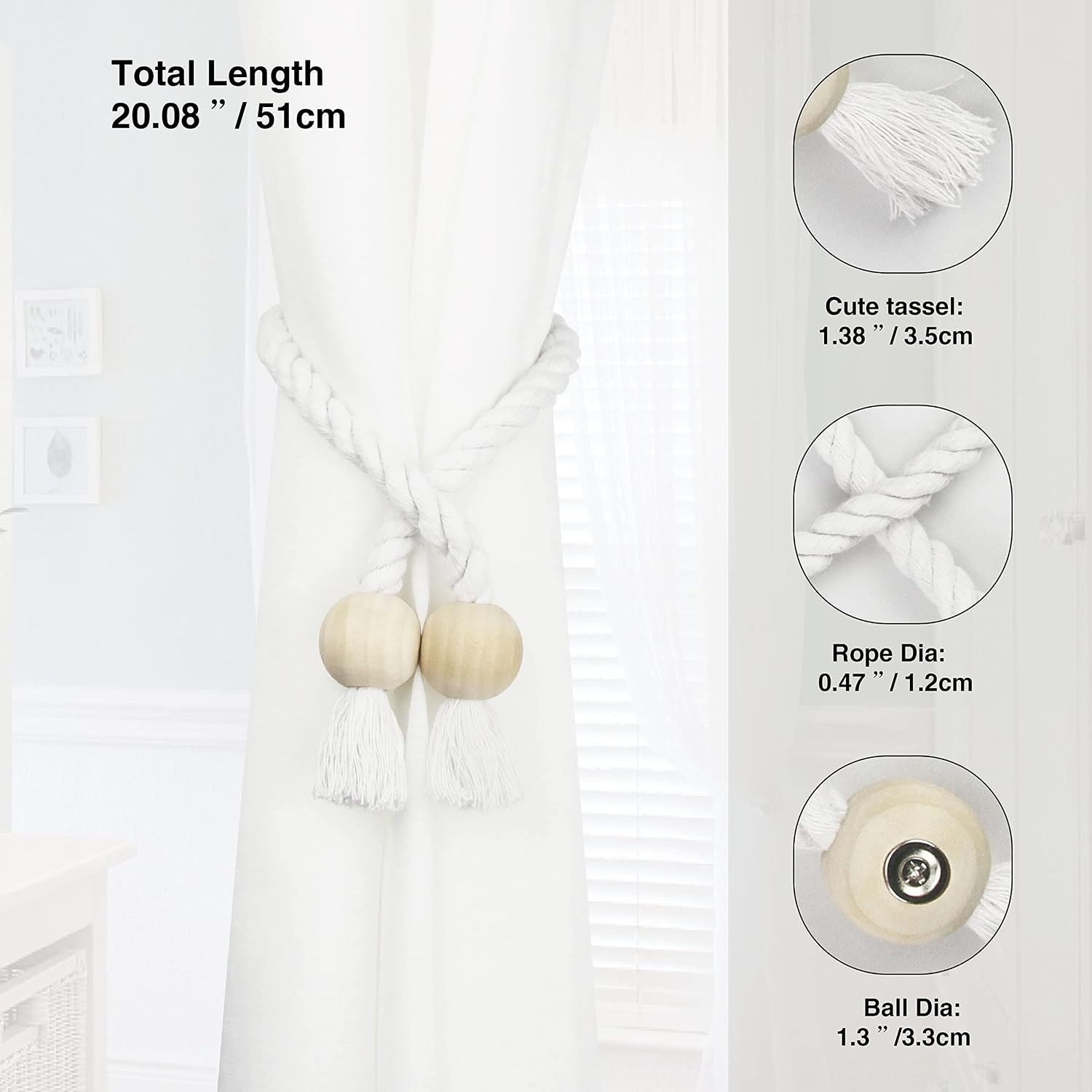 Magnetic Curtain Tiebacks Decorative Tie Back Drapes Holdbacks Nieffeiy | 6 Pack White Cotton Hand Woven Rope Curtain