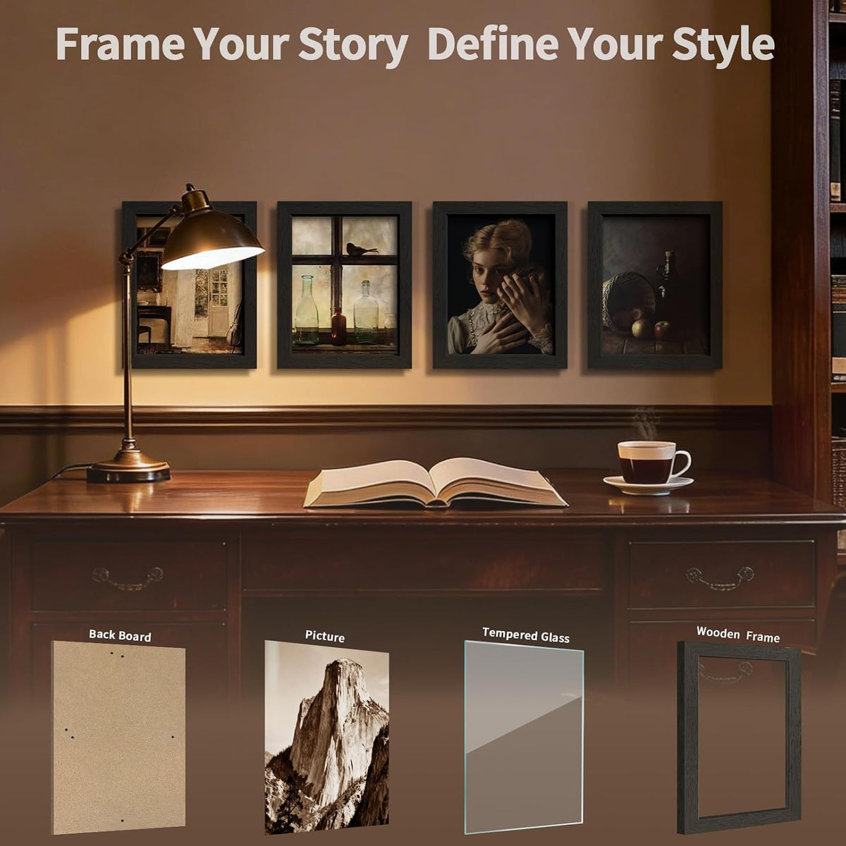 8.5 by 11 Picture Frame 4 Pack, Black Solid Wood Glass Photo Frame | Tempered Glass, Thick & Wide Border, Vertical or